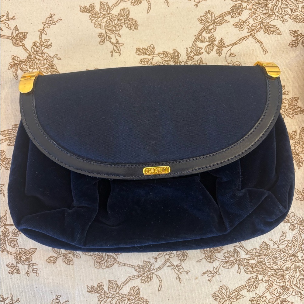 Vintage Gucci Midnight Blue Velvet Clutch Gold Hardware